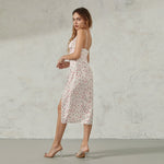 Women Summer Floral Print Party Club Midi Dress Sleeveless Spaghetti Strap Bustier Backless Thigh Slit Slim Dress