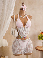 Sexy Black Mesh Shorts 3 Piece Bikinis Sets2026 Women Pearls Push Up Tassel Bra Swimsuit Beach Holiday Bathing Suit Swimwear