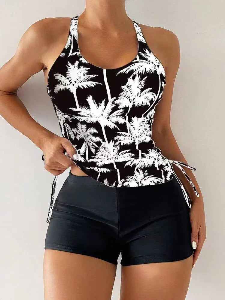 High Waist Swimwear Women 2025 New Two Pieces Swimsuit with Shorts Coconut Palm Print Tankini Set Summer Bathing Suit Trunks