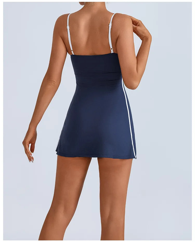 Women's Tennis Dress Summer Sleeveless Pink Contrast Workout Yoga Dresses Build in Shorts Fashion Tight Fitting Skirts Suit