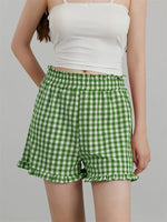 Women's Plaid Shorts Casual Loose Fitting Elastic Waist Shirred Ruffled Trim Short Pants Lounge Shorts