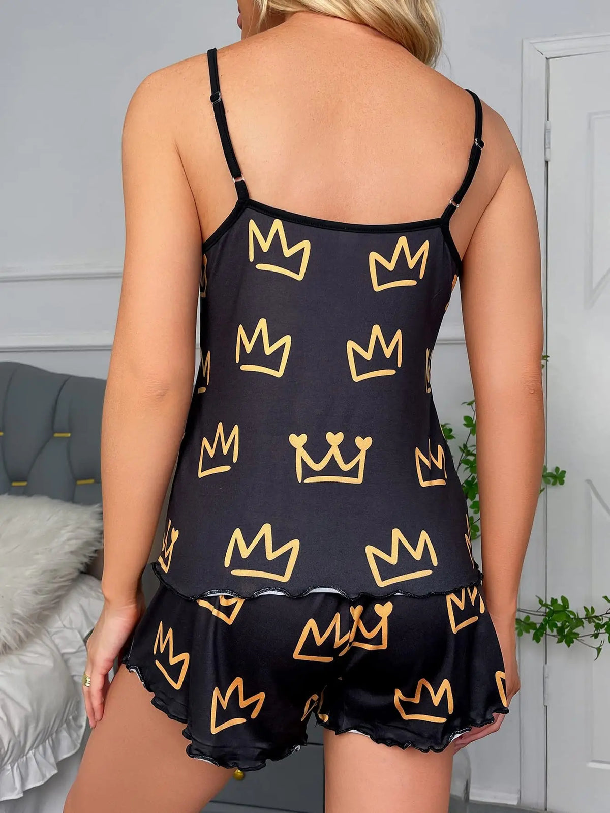 Women’s Satin Spaghetti Strap Pajama Set, Crown-Print Two-Piece Sleepwear, Soft & Comfortable Nightwear, Cute Loungewear