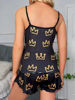Women’s Satin Spaghetti Strap Pajama Set, Crown-Print Two-Piece Sleepwear, Soft & Comfortable Nightwear, Cute Loungewear