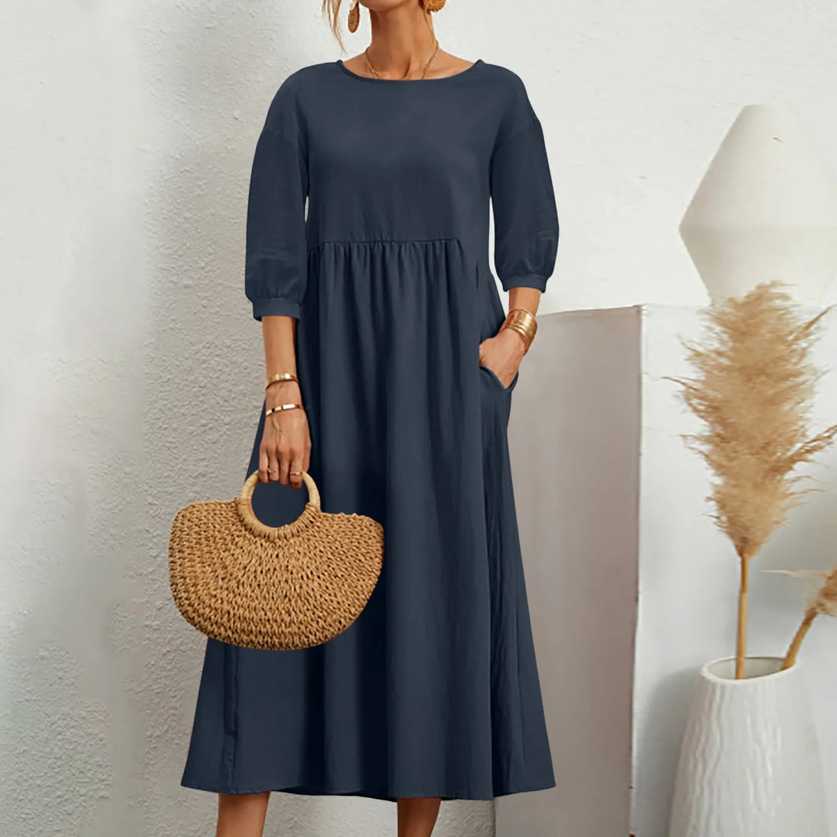Womens Casual Summer Cotton Dress With Pockets 3/4 Sleeve Loose Midi Shirt Dress Women Dresses With Short Sleeves Vestidos
