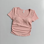 Big round Neck Yoga T-Shirt Short-Sleeved Slimming Sports Top with Fixed Chest Cushion for Running Pilates Summer Stretch