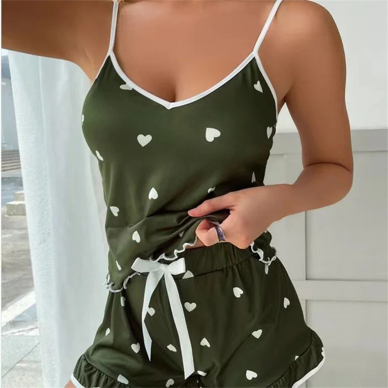 Summer 2 Piece Pajamas Set Women Spaghetti Strap Vest Top and Shorts Soft Casual Cute Printed Sleepwear Longewear