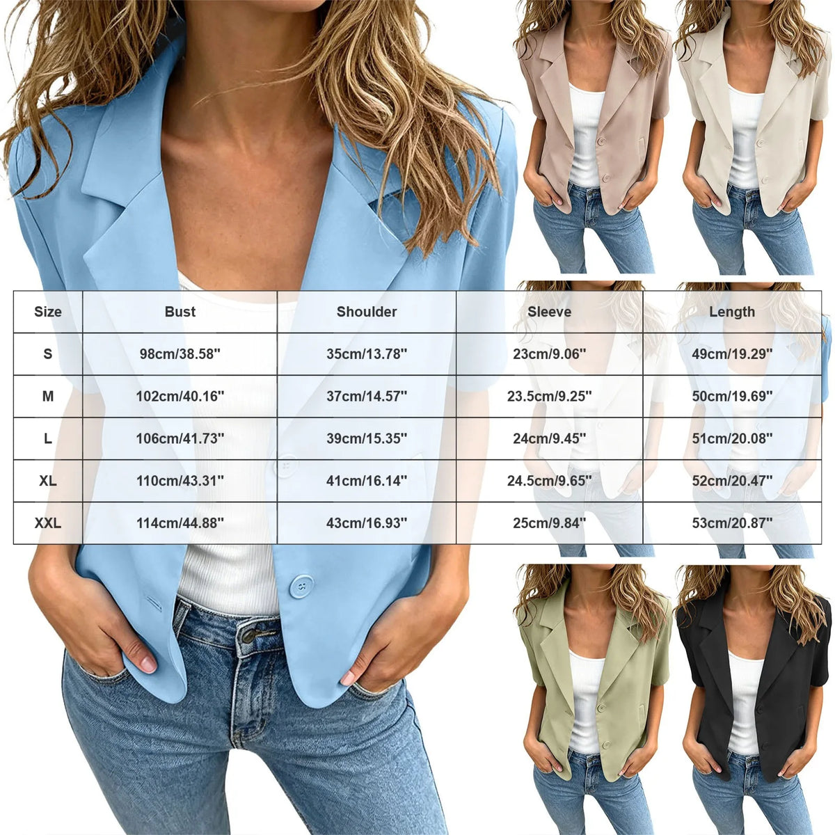 Women Cropped Short Sleeve Blazer Jacket Lapel Collar Buttons Loose Solid Suit Coat Summer Casual Office Outerwear With Pocket