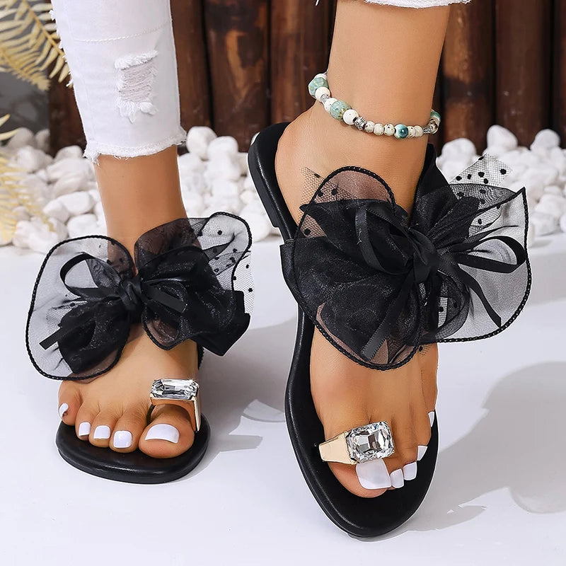 Fashion Mesh Bowknot Flat Heel Sandals Women Rhinestone Decor Clip Toe Beach Slippers Woman Plus Size 42 Backless Sandals Female