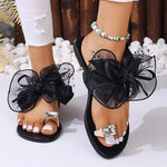 Fashion Mesh Bowknot Flat Heel Sandals Women Rhinestone Decor Clip Toe Beach Slippers Woman Plus Size 42 Backless Sandals Female