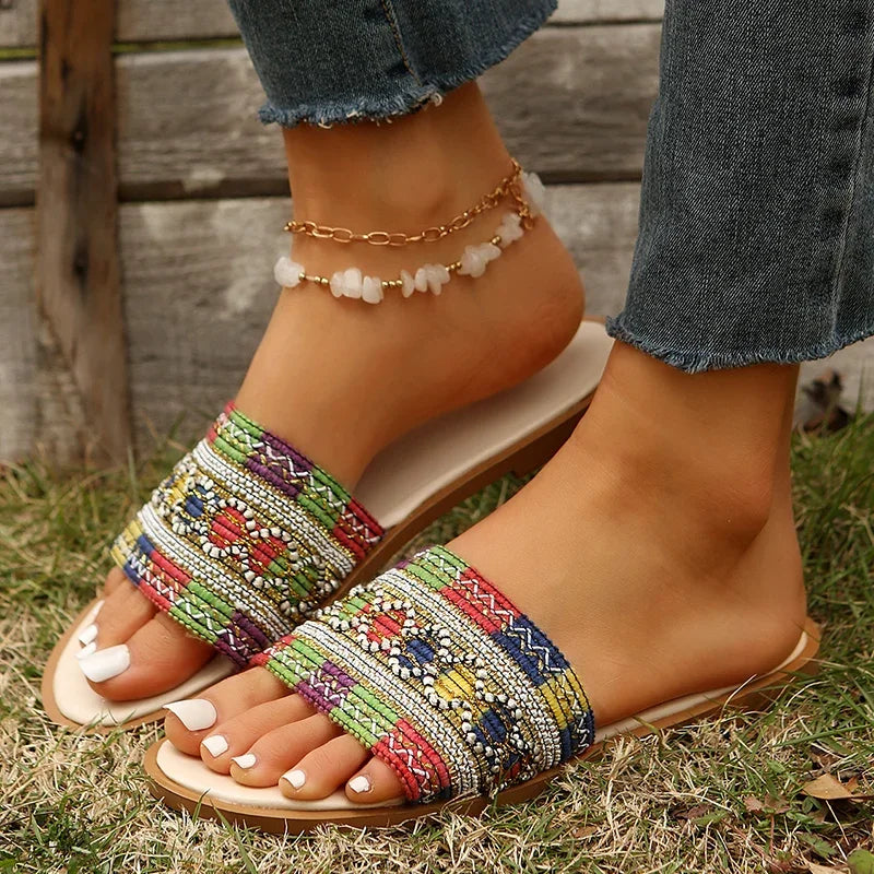 Fashion Tweed Cloth Flats Slippers Women 2025 String Bead Plus Size 36-43 Summer Sandals Woman Lightweight Outdoor Slides Female