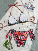 Women Cute Bikini Set 2025 New Summer Orange Floral Print Halter Ruffles Push Up Tie Side Thong Swimsuit Bathing Suit