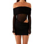 Women Mini Off Shoulder Slim Ruched Solid Color Party Club Dresses Cut Out Long Sleeve Backless Short Mesh Bodycon Dress