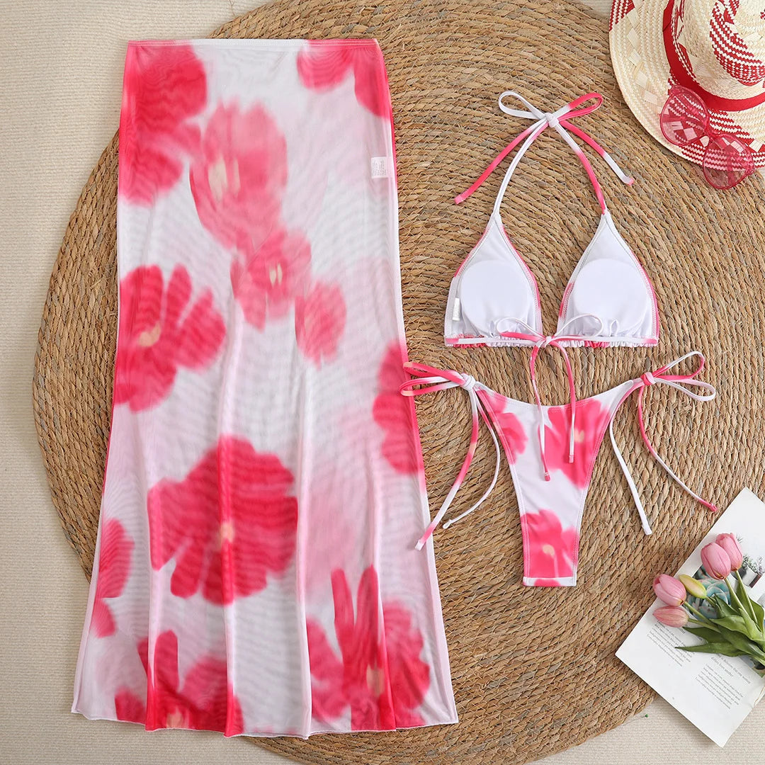10 Color Flowers Halter Bikini Female Swimsuit Women Swimwear Three-pieces Bikini set With Skirt Bather Bathing Suit Swim V6637C
