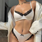 New Women Underwear Set French Silk Fabric Bralette Sexy Lace Thin Cup Push Up Bra Set Rose Romantic Lingerie Ladies Intimates