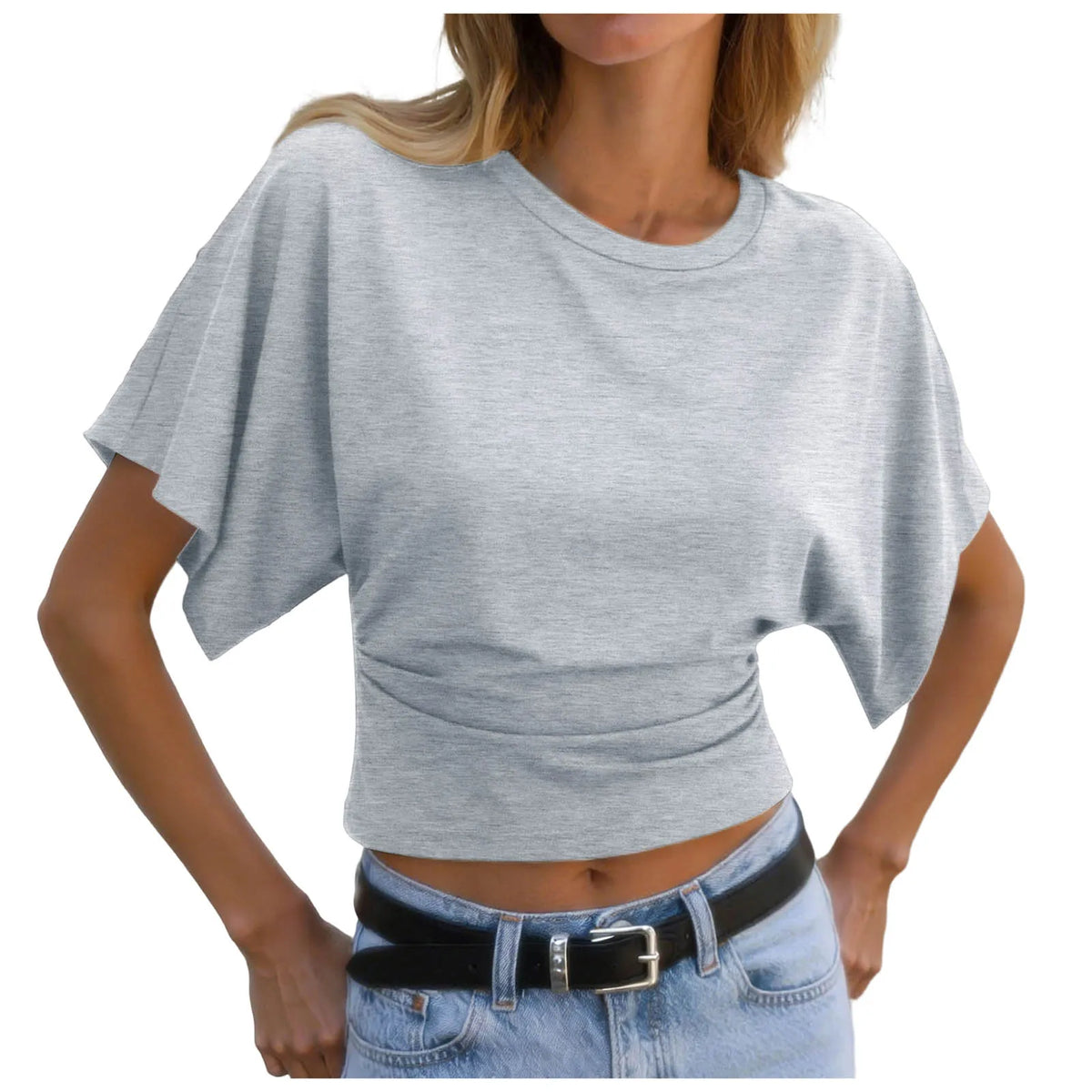 Y2k Solid Cotton O-Neck Ruched Waist Short Top Women Short-Sleeved Loose T-Shirt Causal All-Match Short Summer Basic T Shirts