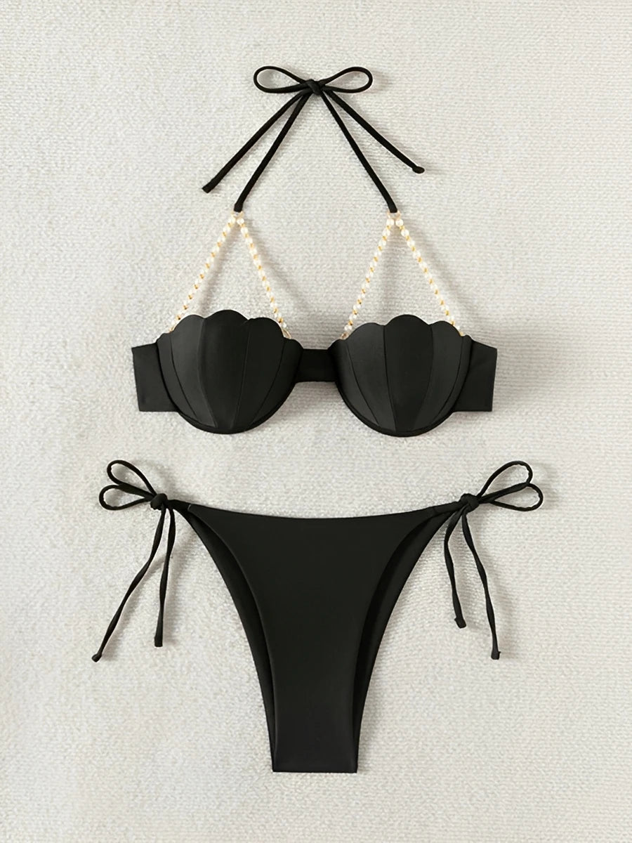 Halter Solid Bikinis 2026 Women Sexy Shell Swimsuit Push Up Pearl Swimwear Female Bathers Bathing Swimming Swim Suit Beachwear