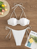 Sexy Pearls Strap Bikini Set 2025 Women White Push Up Underwire Tie Side Thong Swimsuit Summer Bathing Suit Swimwear Biquini