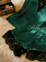 Women's Satin Camisole Shorts Set, Lace Trim Cami Top and Shorts, Silky Spring Summer Sleepwear Loungewear Pajama