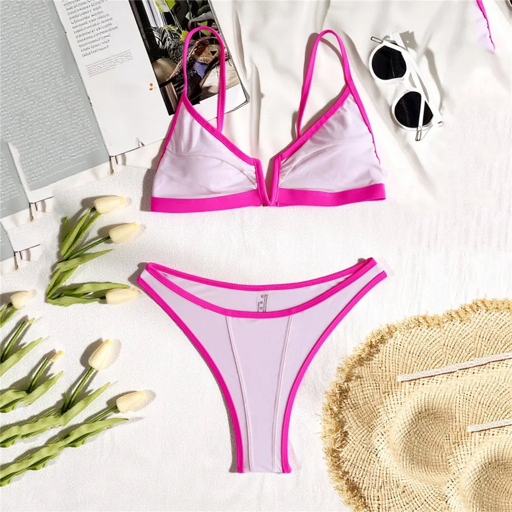 Sexy Black Bikinis Sets Pink Edge Swimwear V Neck Swimsuit Woman 2026 Micro Thong High Cut Bathing Suit Bikinis De Mujer Biquini