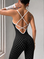 Sexy Black Polka Dot Print Patchwork Yoga Jumpsuit Women Sleeveless Hollow Out Backless Cross Fitness Sports One Piece Suits