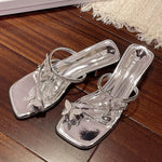 2025 Fashion Silver Crystal Sandals Women Rhinestone Butterfly Thick Heel Sandles Woman Summer Med Heeled Party Shoes Female