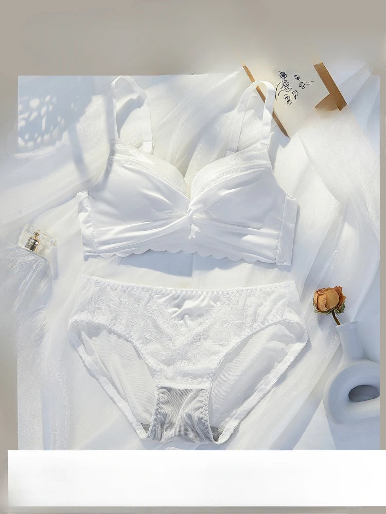 MOYISU Lingerie Women's Small Chest Gathering Summer No Underwire Retraction Breast Anti-sag Flat Bra Cover Underwear Set
