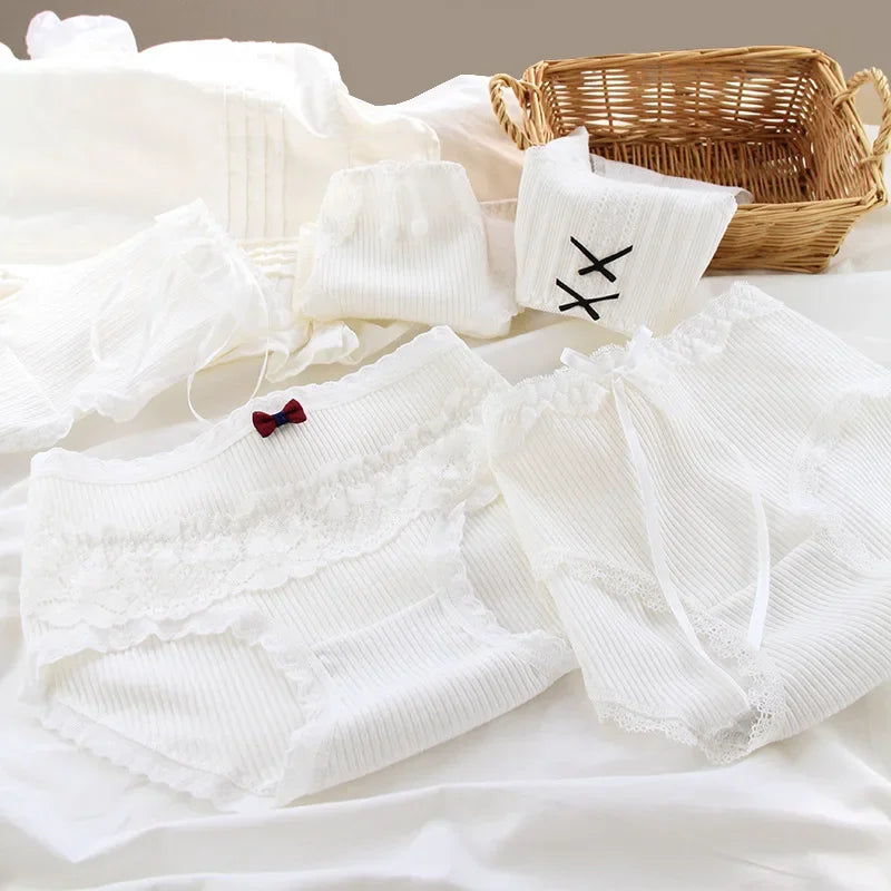Girls SweetCute Underwear Cotton Lovely Soloid Middle Waist Briefs Young Girl Panties TeenagersWhite Intimates M L XLWhite