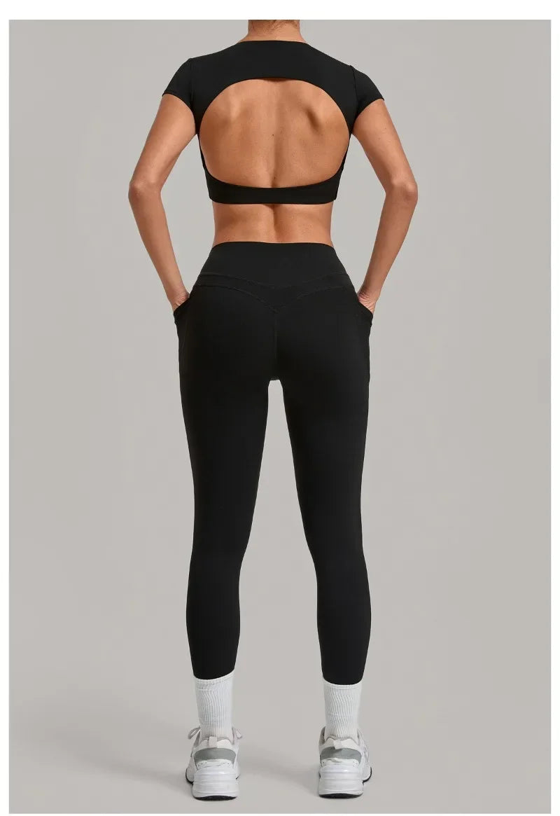 Women's Seamless Yoga Sets Sports Running High Waist Hip-lifting Pants Backless Short-sleeve Suits Workout Fitness Leggings Sets