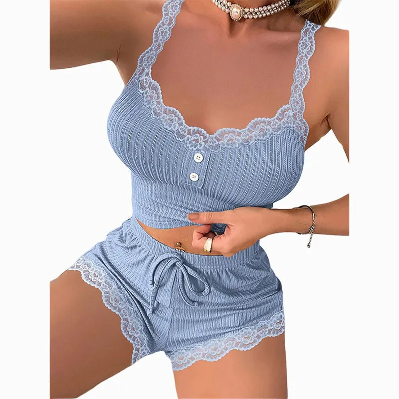 Women Pajama Underwear Sets Solid Color Bra Briefs Set Lace Tank Tops Shorts Female Pajamas Summer Intimate Lingerie Nightwear