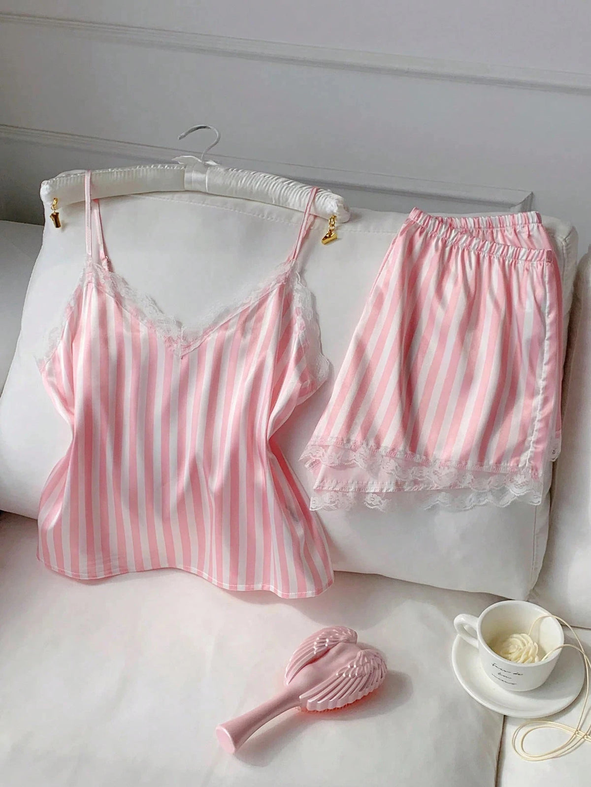 Two Piece Women's V-Neck Sexy Lace Suspender Pajama Satin Silk Intimate Lingerie Pink Stripe Sleewpear Pijamas Suit Summer New