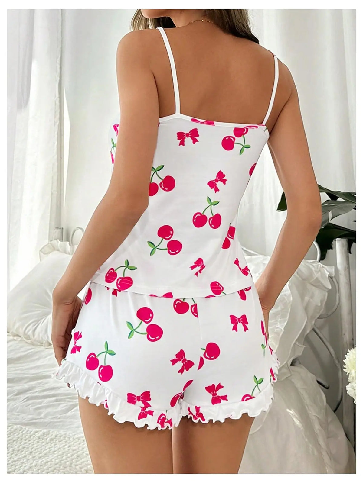 Summer New Women's Pajama Set Breathable Soft Casual Print Cami Top and Ruffle Shorts Sweet Home Strap Shorts Pajamas 