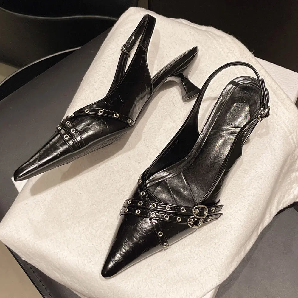 2026 Size 42 Vintage y2k Flowers Black Pointy Toe Slingback Pumps Cross-strap Summer 5cm Kitten Heels White Lady Shoes Women