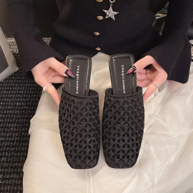 2026 Summer New Style Hollow Out Square Toe Low Heels Women Sandals Solid Color Outdoor Slippers Fashion Casual Sexy Beach Shoes