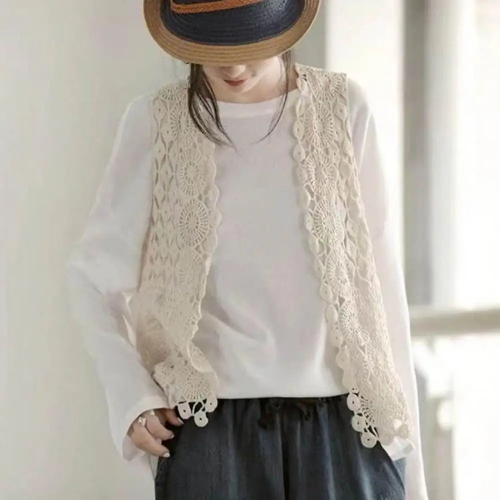 Women Summer Vest Hollow Out Retro Knitted Crochet Sleeveless Loose Open Stitch Thin Cardigan Daily Outwear Coat Top