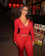 2026 New Women Ins Fashion Solid Color Sexy Straight Shoulder Contrast Stitch Long Sleeve 2 Piece Outfit