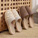 Women Indoor Linen Slippers 2025 Spring Summer Shoes Anti-slip Light Weight Breathable Lace Couples Home Floor Slides
