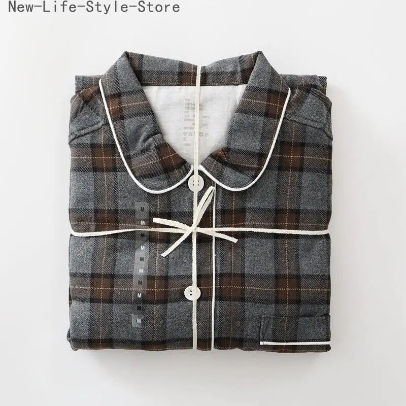 Men Brushed Cotton Vintage Plaid Stripe Pajama Set Lapel Collar Long Sleeve Top Pants Home Sleepwear Loungewear