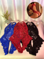 Sexy Lace Bodysuit Women Deep V Halter Teddy Lingerie Open Back Backless One Piece Sleepwear Transparent Floral Mesh Nightwear