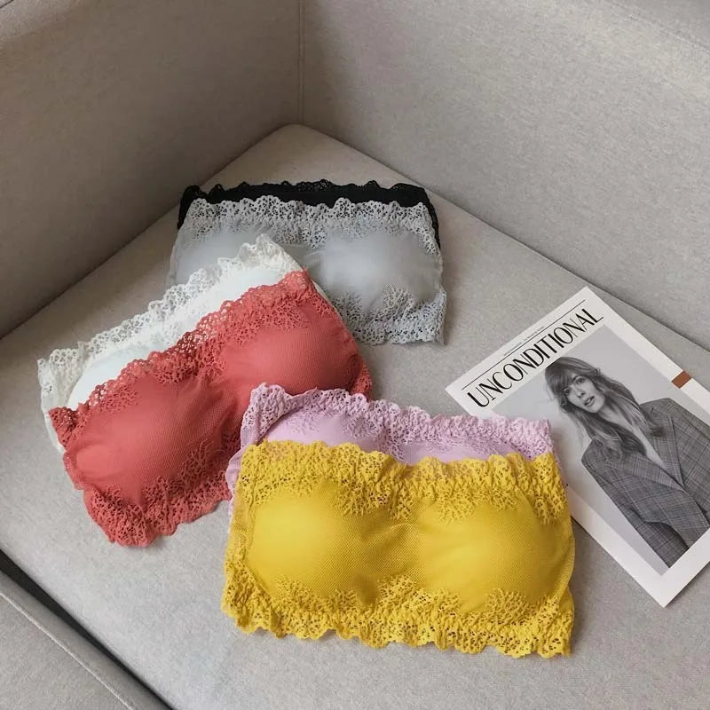 Women Floral Lace Tube Top Wireless Bra Sexy Lingerie Strapless Bralette Solid Color Crop Top Female Padded Bandeau Padded Bra