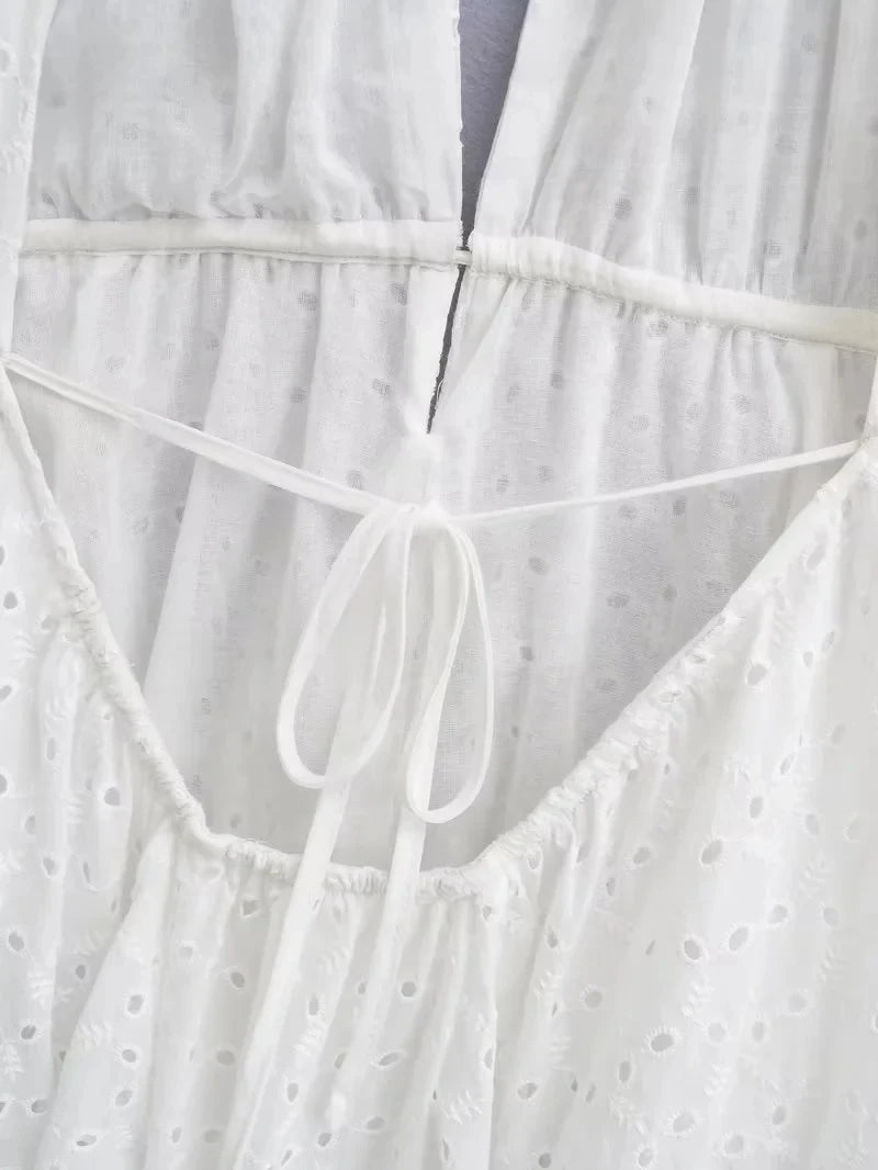 Foridol White Beach Summer Dress Women Backless Cotton Lace Short Autumn Sundress Women Clothing Halter A-line Pleated Dress