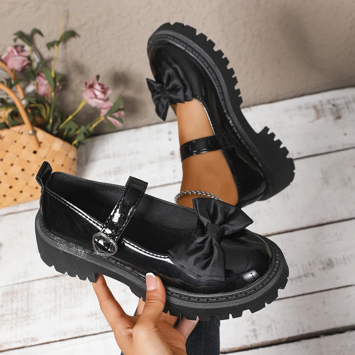 Women Bow Mary Janes Faux Patent Leather Heart‑Buckle Lug‑Sole Round‑Toe Sweet Preppy JK Platform Casual Daily Shoes