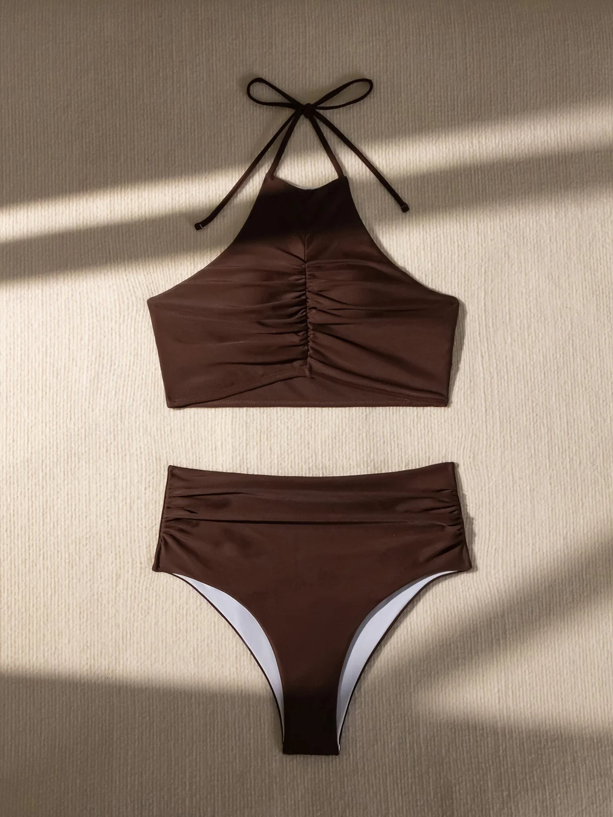 Sexy Halter Pleate Bikini Set 2025 Women Coffee Push Up Crop Top with High Waist Swimsuit Summer Holiday Bathing Suit Swimwear