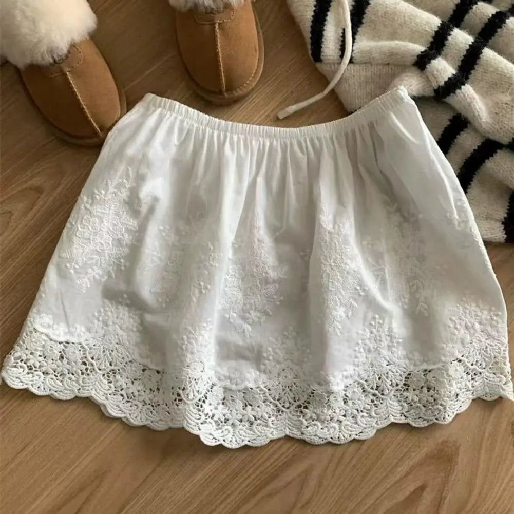 Women Shirt Extender Elastic High Waist Hollow Embroidery Lace Flower Pattern Mini Skirt Solid Color Butt Curtain Extension
