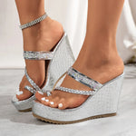 Fashion Crystal Wedges Heels Sandals Women Woven Clip Toe Chunky Platform Sandles Woman Summer Gold Silver High Heeled Slippers
