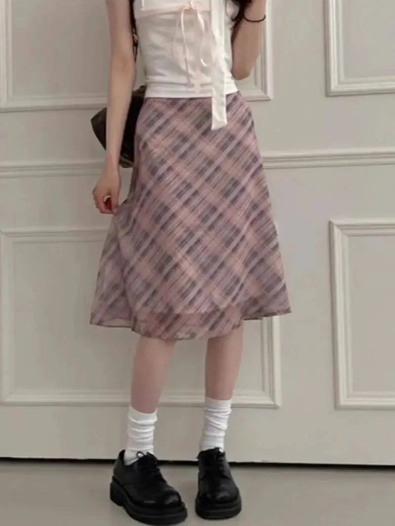 Sweet Skirts Chic Plaid Mini Skirt High Waist A-Line Korean Sle Commute Spring New Arrival Women's Fashion Mid-Length Skirts I3G