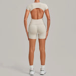 Tight Invisible Wrinkle Yoga Sets Women Short Sleeve O Neck Hollow Back Sports Tank Top Butt-Lifting Shorts Gym Fitness Suits