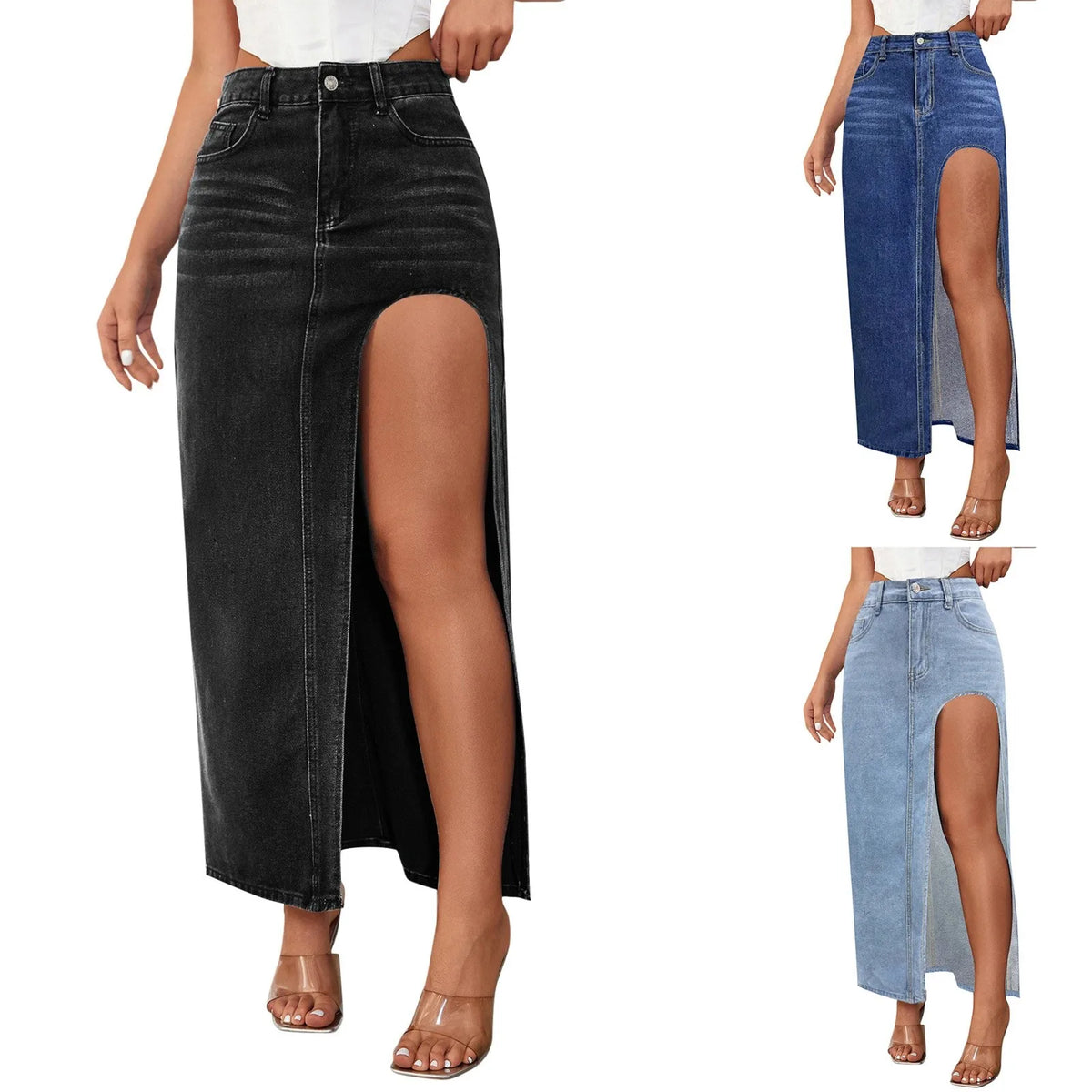 Women's Casual High Waisted Denim Skirt Side Split Casual Sexy Nigh Out Long Maxi Cargo Denim Skirt Summer New Y2k Streetwear