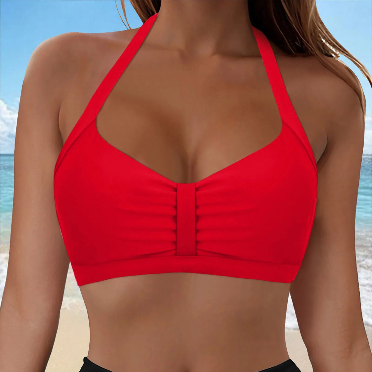 Womens Halter Neck Ruched Bikini Top Padded Push Up Swim Tops Adjustable Tie Back Bathing Suit Top Beach Pool Vacation Swimwear