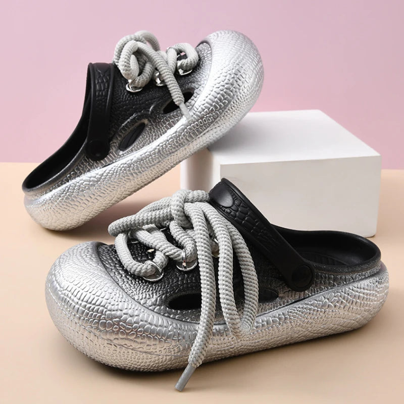 Plus Size Summer Platform Sandals For Women Men Home Street Garden Shoes Lace-up Style Silver Gold Clogs Couples Beach Slippers