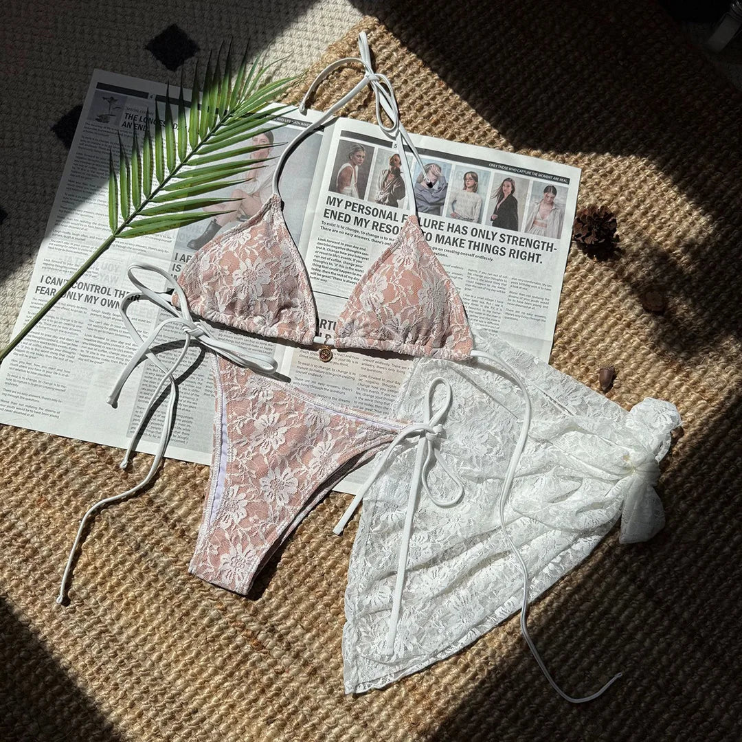 Mesh Sarong Lace Halter High Cut Bikini Female Swimsuit Women Swimwear Three-Pieces Bikini Set Bather Bathing Suit Swim V6284